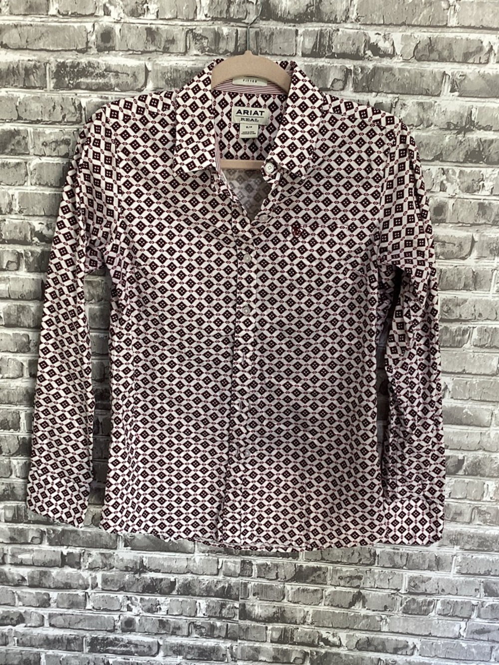 Ariat REAL White and Burgundy Geometric Womens SP Button-Down Shirt, Western